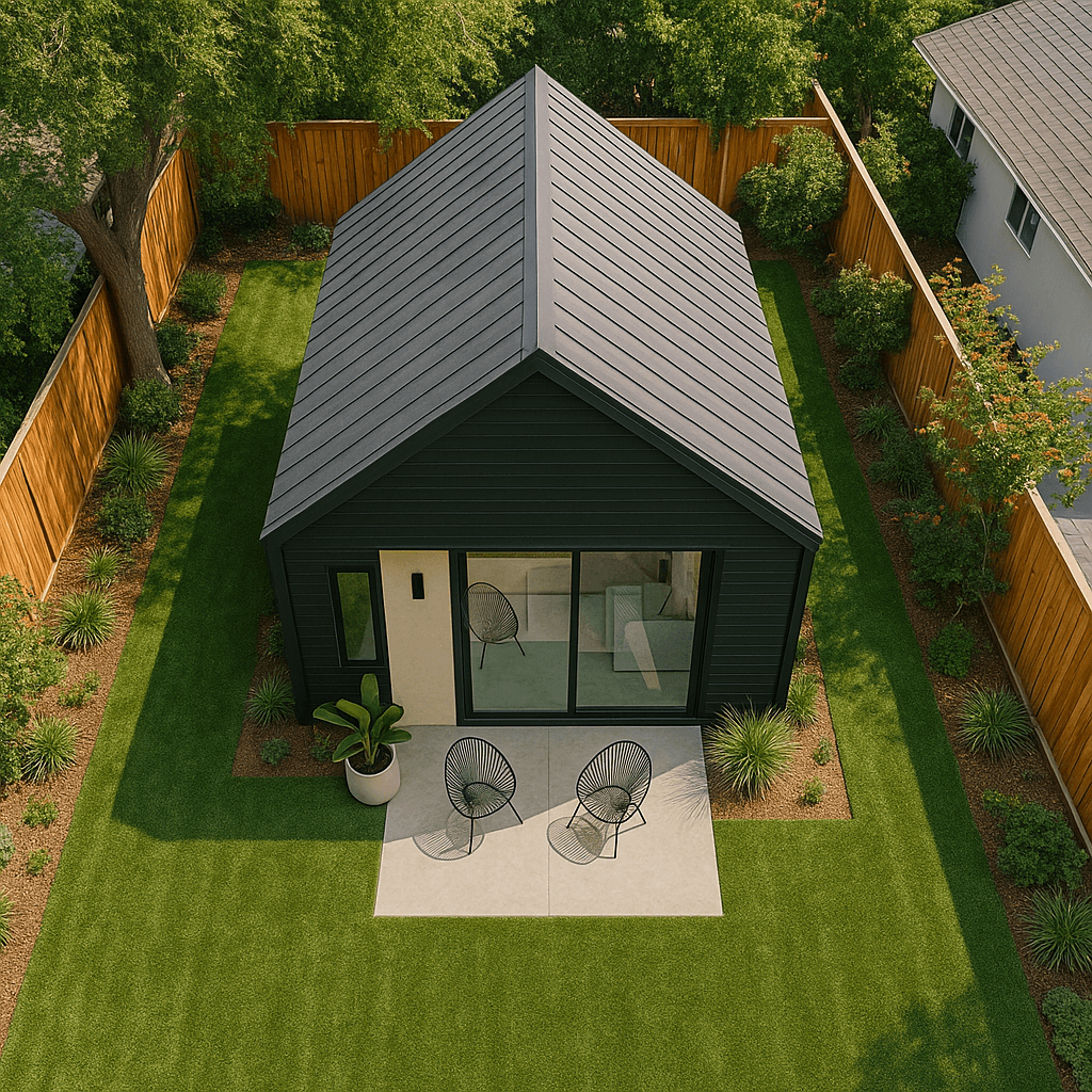 Aerial view of a compact backyard ADU