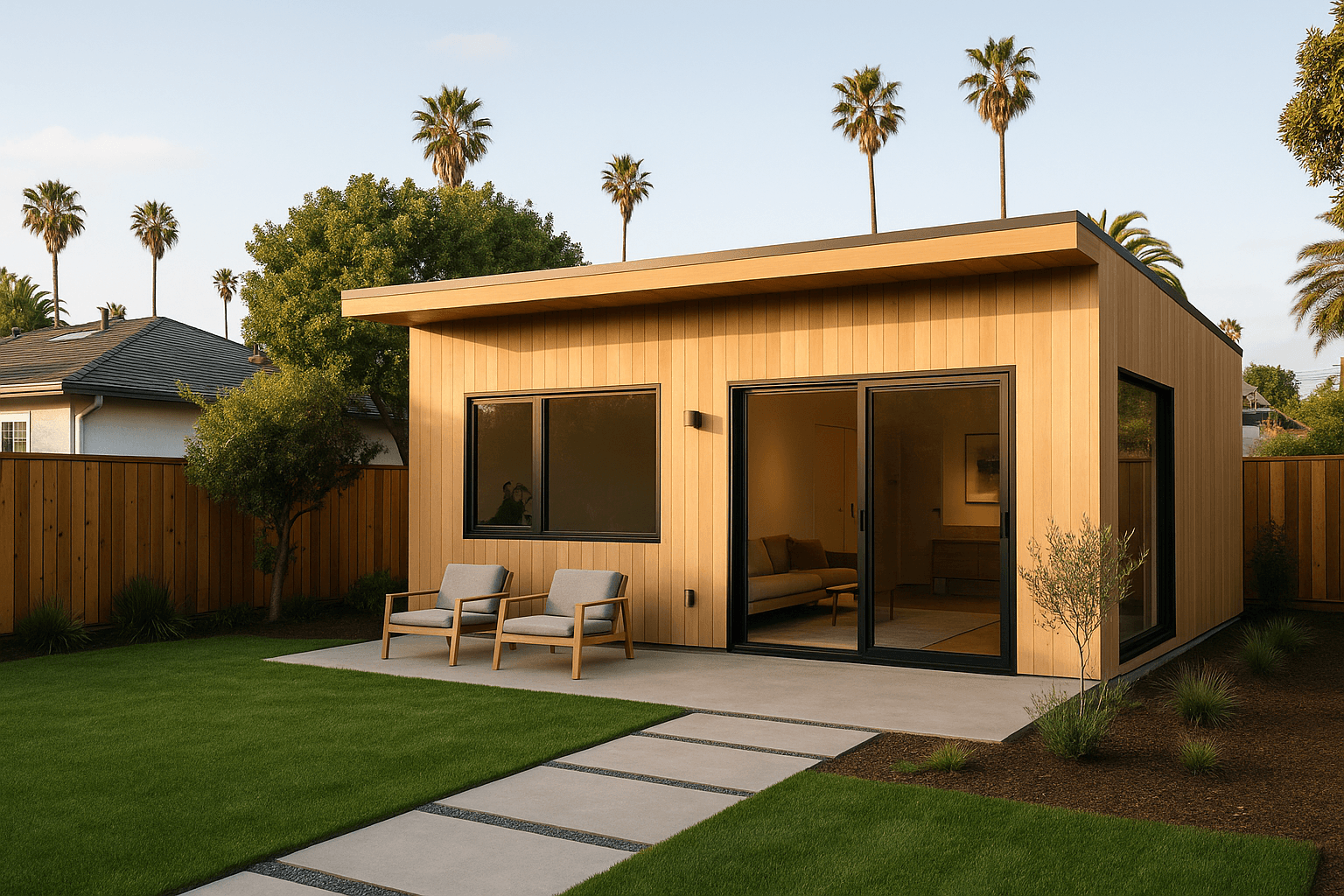Contemporary backyard ADU with wood exterior